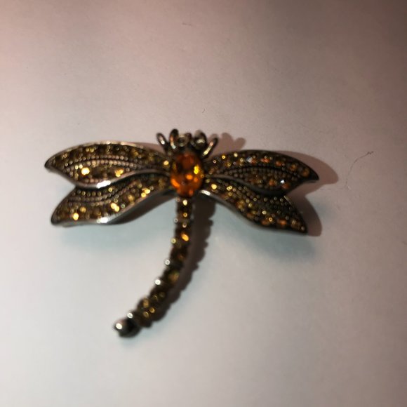 Vintage Orange Rhinestone Dragonfly Pin - Picture 4 of 5
